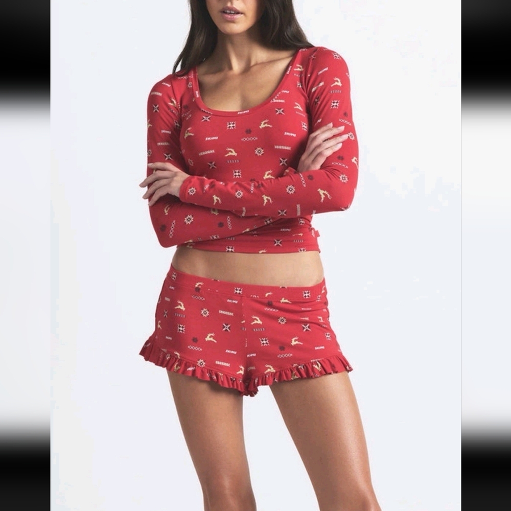 Skims Sleep Scoop Neck Top Sleep Set Cranberry Vintage Deer Print Medium